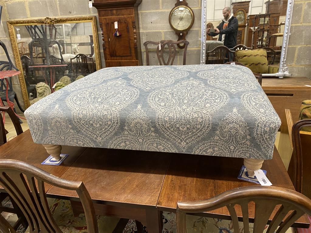 A Victorian style rectangular footstool upholstered in Colfax and Fowler Paisley type fabric, width 97cm, depth 78cm, height 30cm